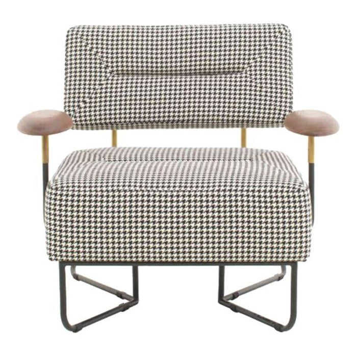 Black and white houndstooth patterned chair with wooden armrests and a sleek metal frame. Perfect for modern decor.