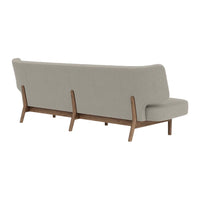 Light gray fabric sofa with clean lines and wooden legs, showcasing a minimalist, modern design.