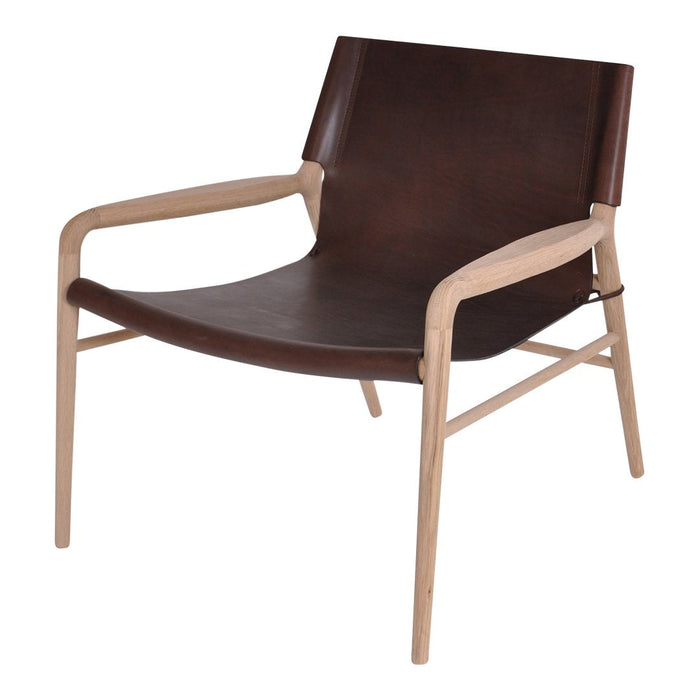 Brown leather armchair with a minimalist wood frame, showcasing a sleek, modern design and natural color contrast.
