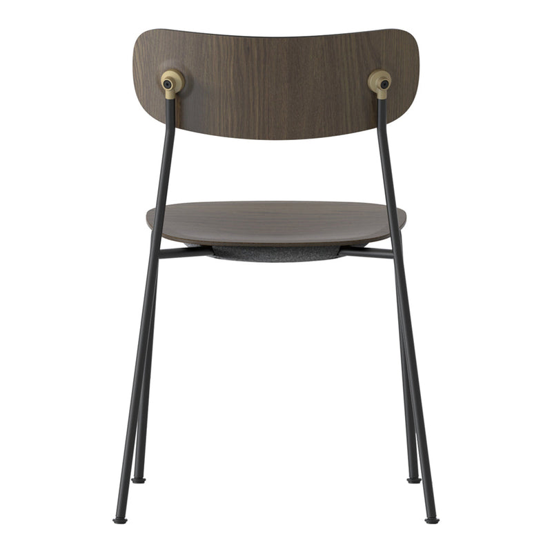 Modern chair with a dark wood finish and sleek black metal legs, featuring a simple, minimalist design.