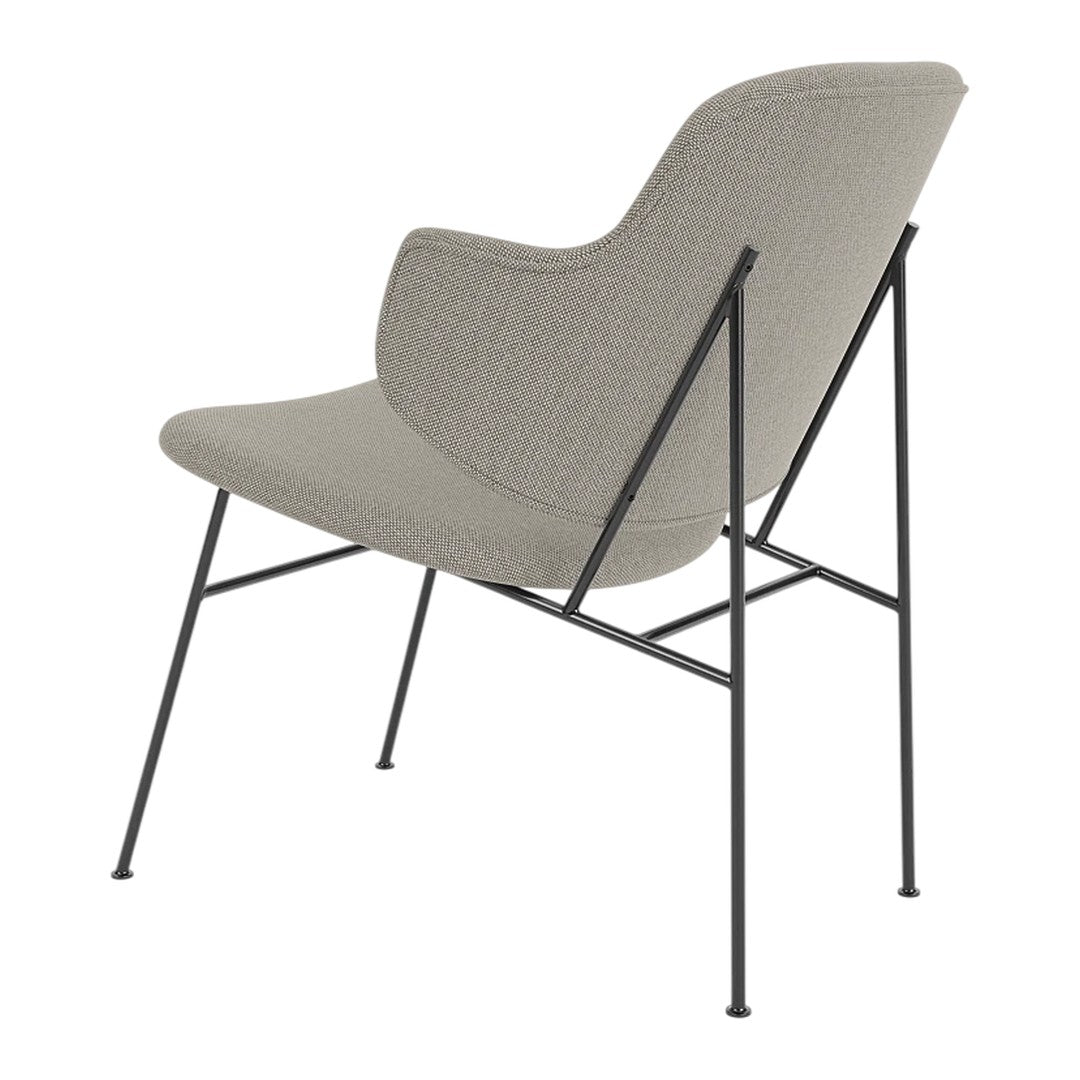 Gray upholstered chair with a sleek black metal frame and minimalist design, featuring a smooth, textured fabric.