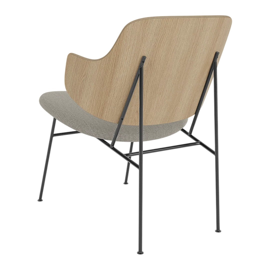 Wooden backrest with natural finish, gray upholstered seat, and sleek black metal legs in modern design.