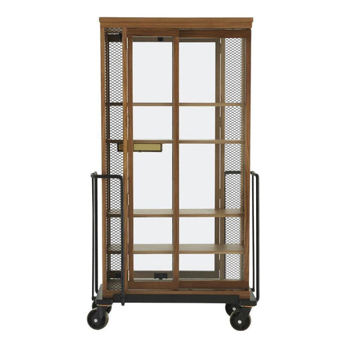 Wooden display cabinet with glass doors, metal mesh sides, and black wheeled base, featuring a natural wood finish.