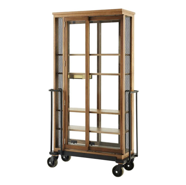 "Rustic wooden display cabinet with glass doors, dark metal accents, and a warm brown finish."