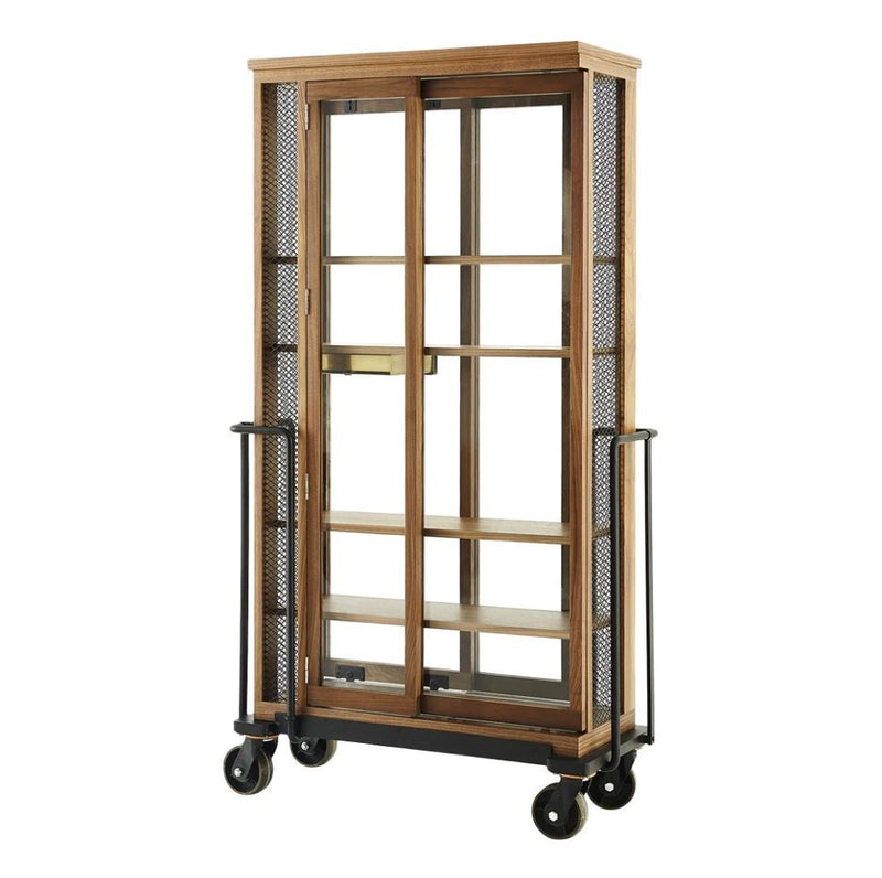 "Rustic wooden display cabinet with glass doors, dark metal accents, and a warm brown finish."