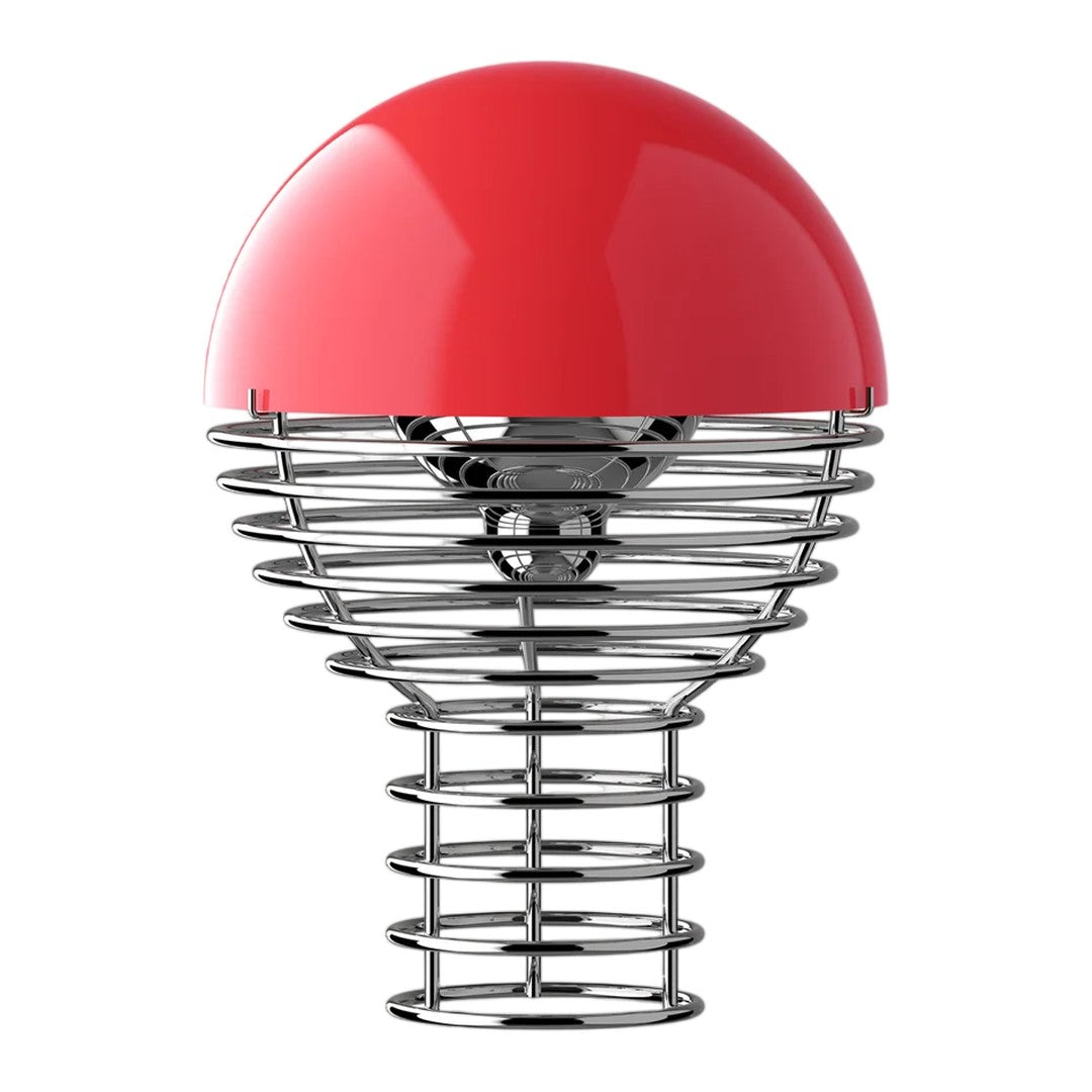 Red dome-shaped lamp with sleek chrome wire base, featuring a modern design and vibrant colors.