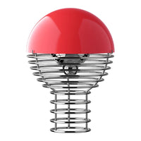Red dome-shaped lamp with sleek chrome wire base, featuring a modern design and vibrant colors.