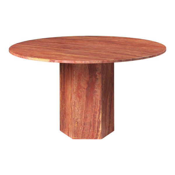 Round marble dining table in rich reddish-brown tones with a sleek, polished finish and subtle swirling patterns.