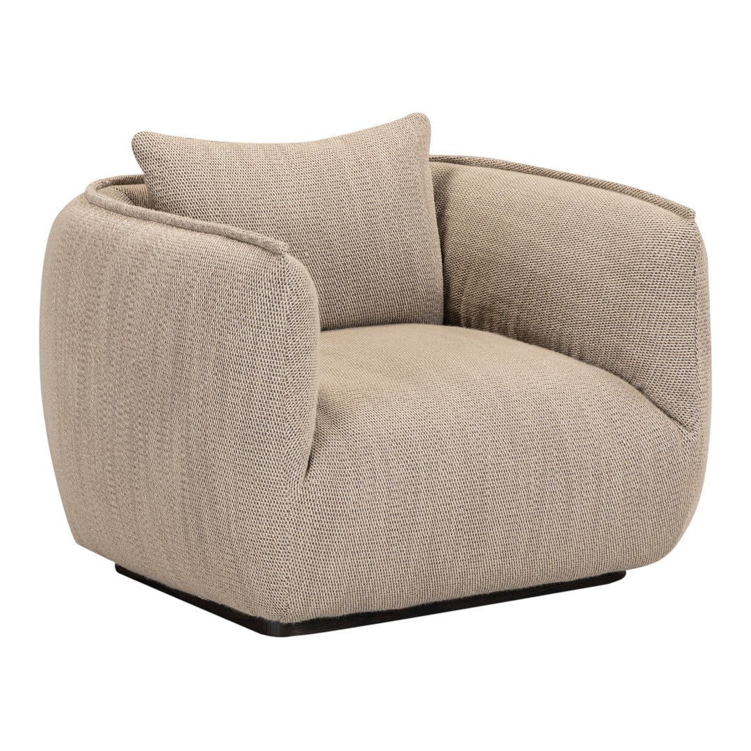 Beige textured armchair with a modern design, featuring a soft, woven pattern and sleek black base.