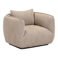 Beige textured armchair with a modern design, featuring a soft, woven pattern and sleek black base.
