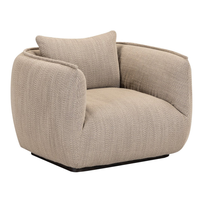 Beige textured armchair with a modern design, featuring a soft, woven pattern and sleek black base.