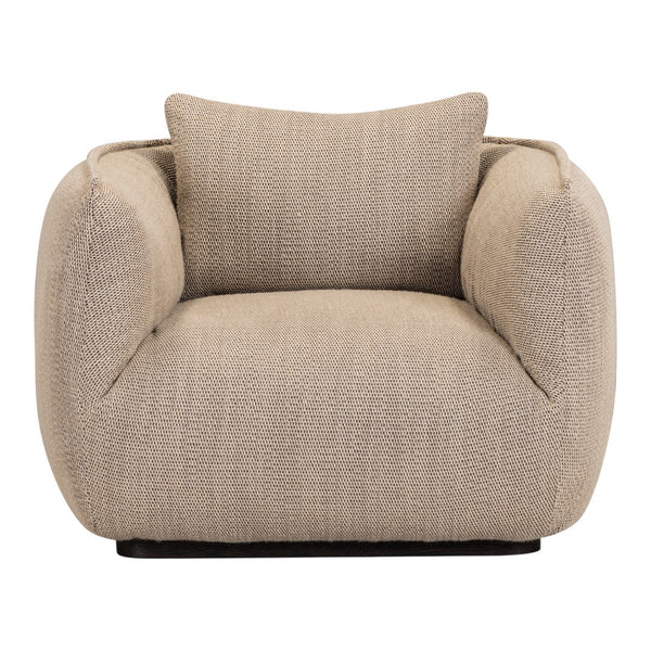 Beige textured armchair with a subtle woven pattern and plush cushions, perfect for contemporary decor.