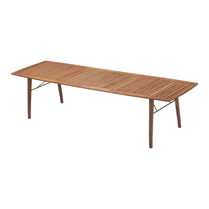 Long rectangular wooden coffee table with a slatted design in warm brown tones. Perfect for modern decor.