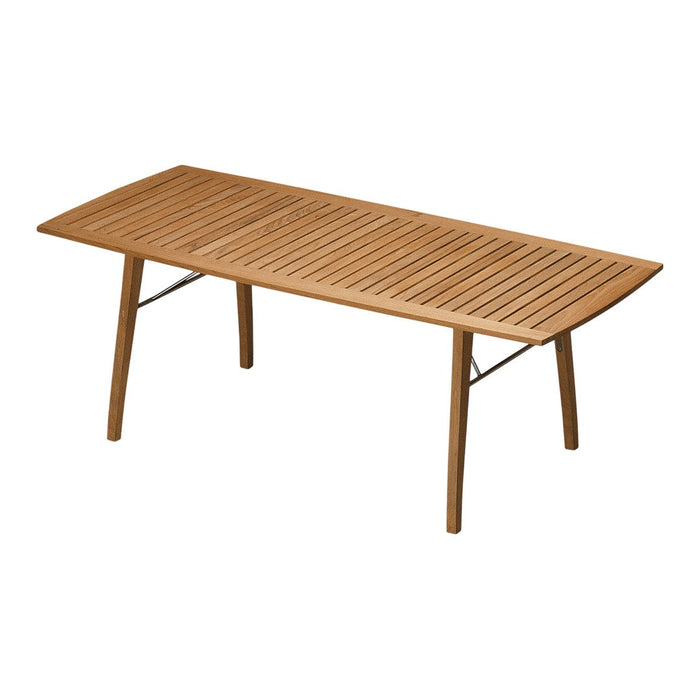 Elegant wooden table with a natural finish and slatted surface, showcasing a warm, rich brown color. Ideal for outdoor settings.