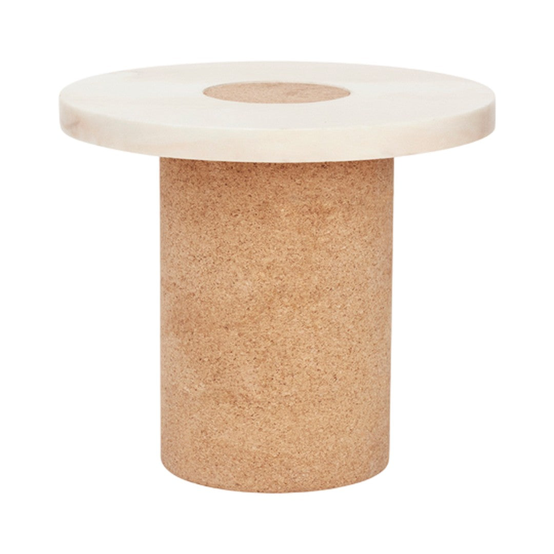 Modern cork side table with a natural wood top and cylindrical shape, featuring a seamless blend of beige tones.