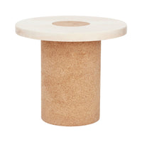 Modern cork side table with a natural wood top and cylindrical shape, featuring a seamless blend of beige tones.