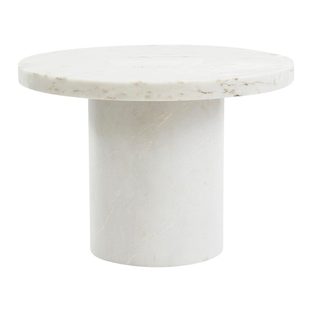 Round, white marble side table with a smooth surface and subtle natural veining pattern. Perfect for modern decor.