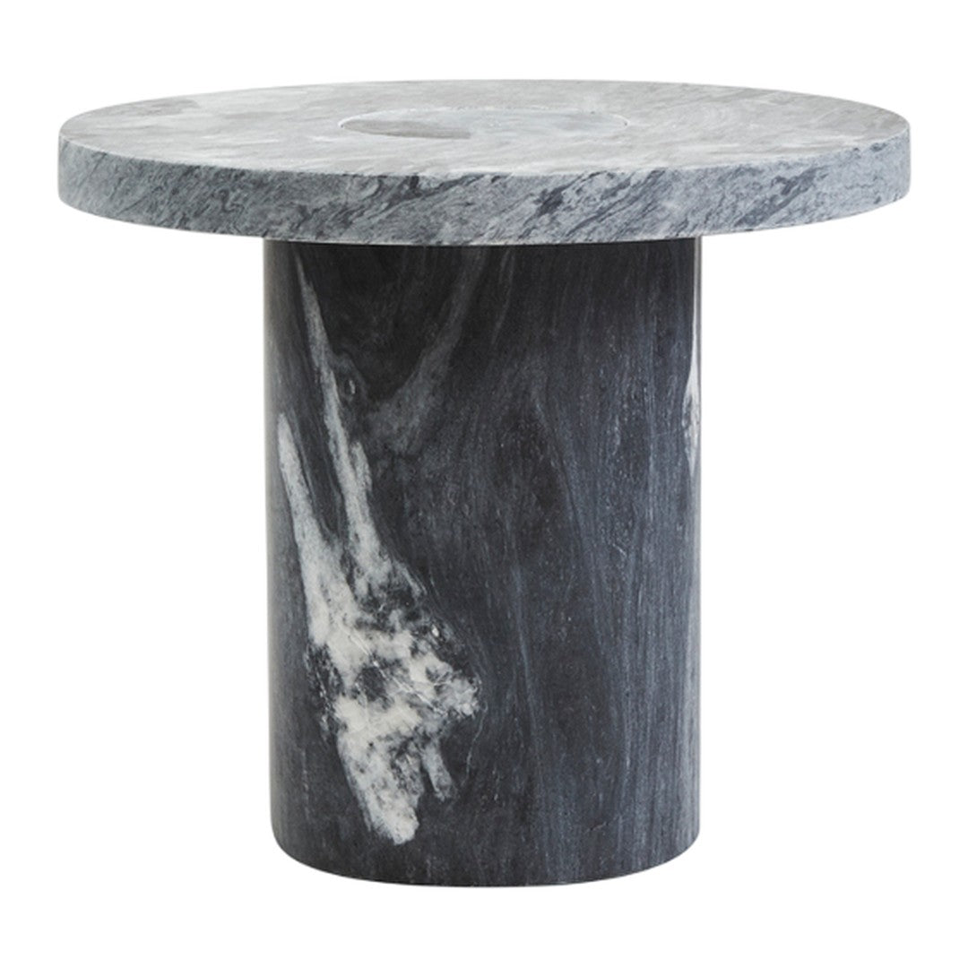 Round gray marble side table with subtle white veining and a polished surface, featuring a cylindrical base.