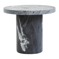Round gray marble side table with subtle white veining and a polished surface, featuring a cylindrical base.