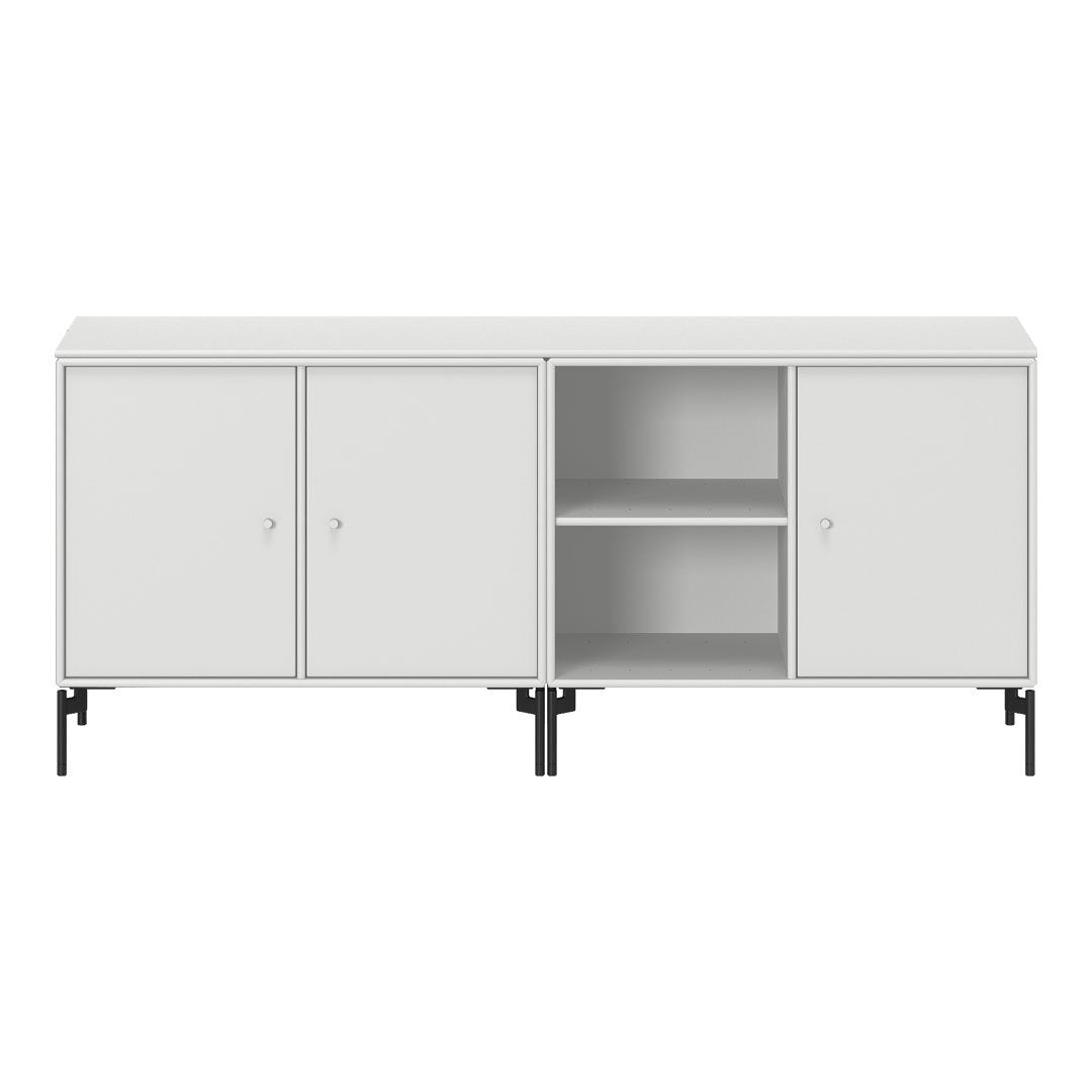 White modern cabinet with sleek black legs, featuring a smooth matte finish and minimalist design elements.