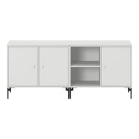 White modern cabinet with sleek black legs, featuring a smooth matte finish and minimalist design elements.
