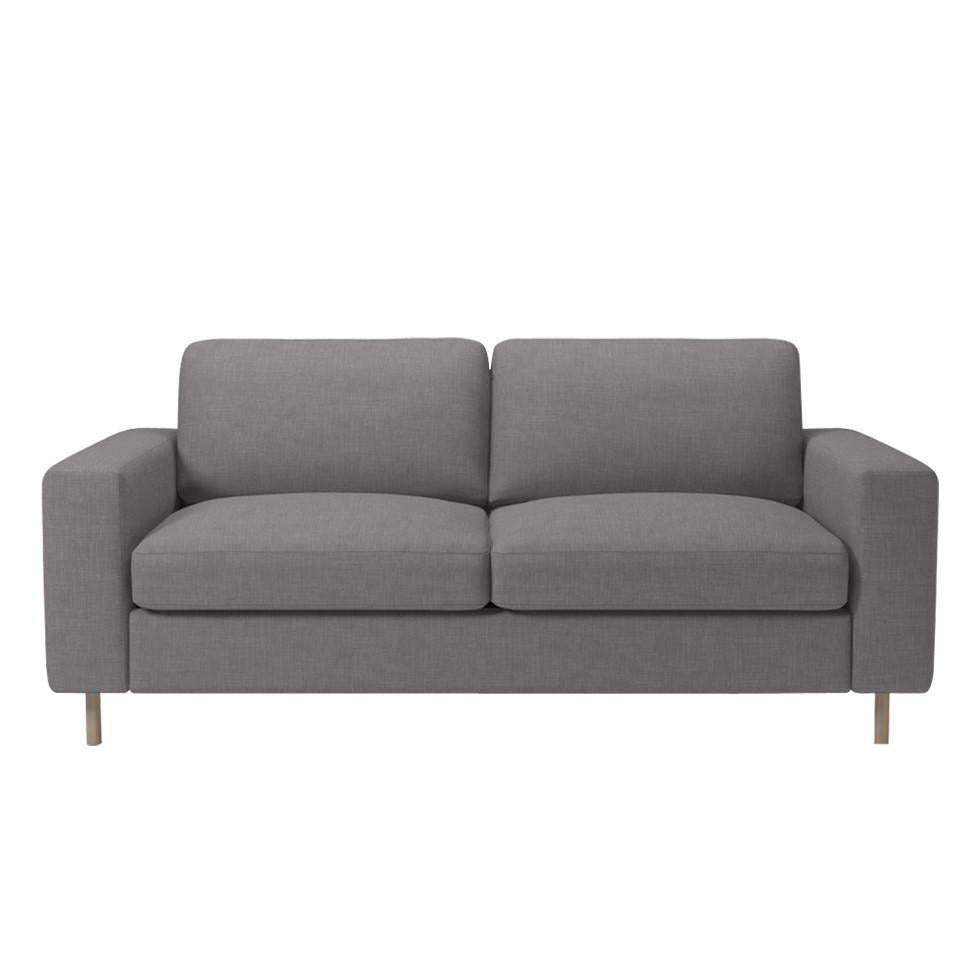 Gray upholstered sofa with a minimalist design and smooth fabric, featuring a solid pattern and light wooden legs.