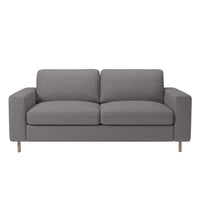 Gray upholstered sofa with a minimalist design and smooth fabric, featuring a solid pattern and light wooden legs.