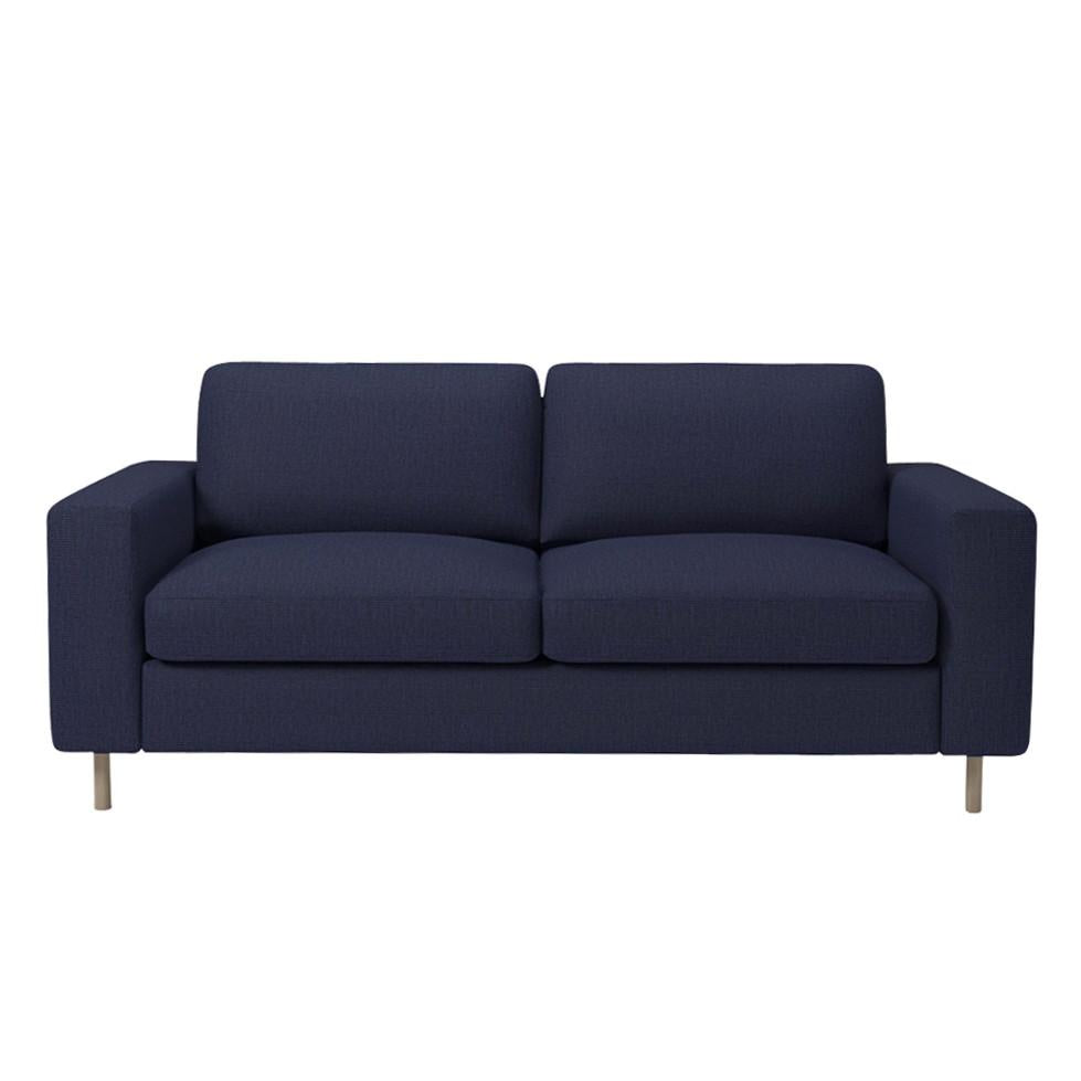 Navy blue sofa with a smooth fabric texture and modern design, featuring two wide cushions and sleek metal legs.