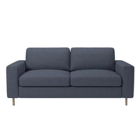 Modern navy blue sofa with a smooth fabric finish and minimalist design. Perfect for contemporary living spaces.