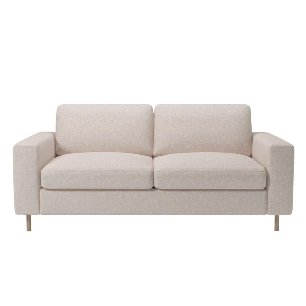 Beige fabric sofa with a clean, modern design, featuring subtle texture and light wood legs. Perfect for any decor style.