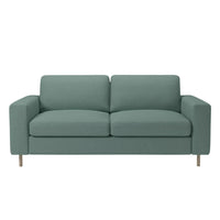 Teal upholstered loveseat with clean lines and a minimalist design, featuring solid wood legs.