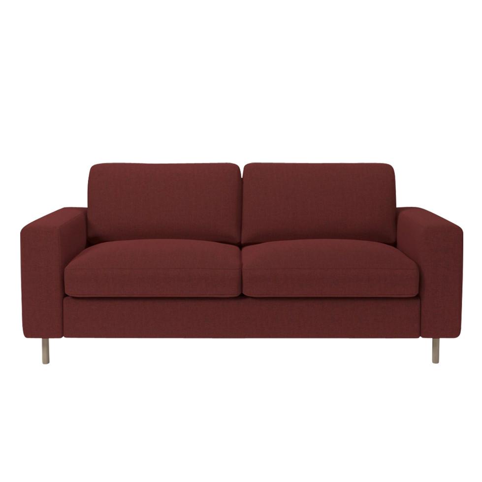 Deep burgundy two-seater sofa with a smooth, textured fabric and minimalist design. Perfect for modern living spaces.