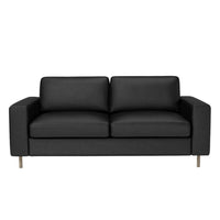 Modern black sofa with a sleek, minimalist design and smooth leather texture. Perfect for stylish living spaces.
