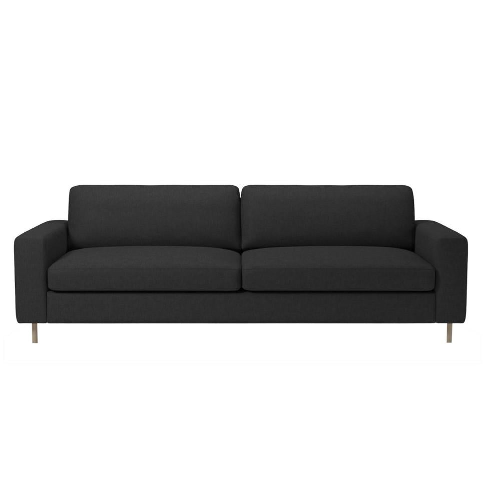 Modern black sofa with a sleek, minimalist design and textured fabric. Ideal for stylish living spaces.