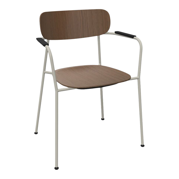 Brown wood chair with minimalist design, featuring a sleek white metal frame and black armrests.