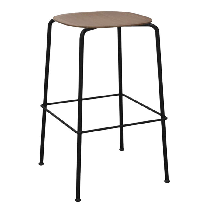 Black metal bar stool with a natural wood seat, featuring a minimalist design and sleek lines for modern decor.