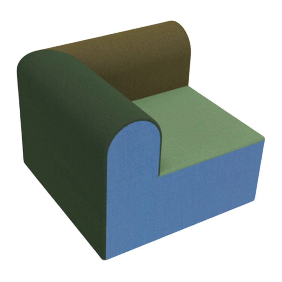 Multicolored armchair with green, brown, and blue geometric patterns. Stylish and modern design for any space.