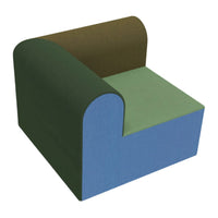 Multicolored armchair with green, brown, and blue geometric patterns. Stylish and modern design for any space.