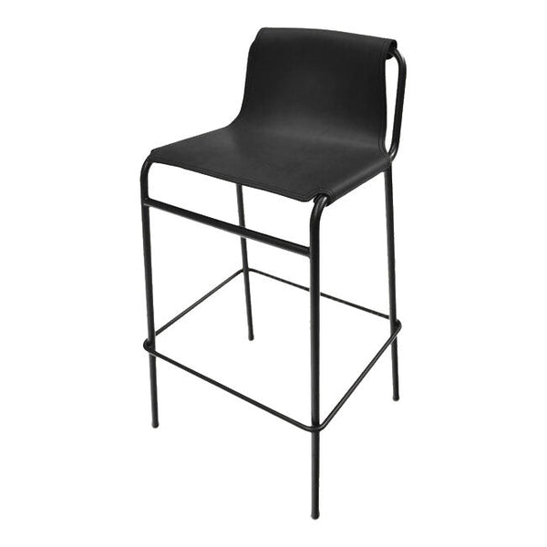Black bar stool with a sleek modern design featuring a solid black seat and black metal frame. Perfect for contemporary decor.