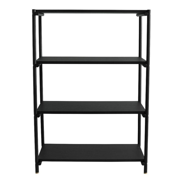 Sleek black metal shelving unit with four open shelves for modern storage solutions. Perfect for any room decor.