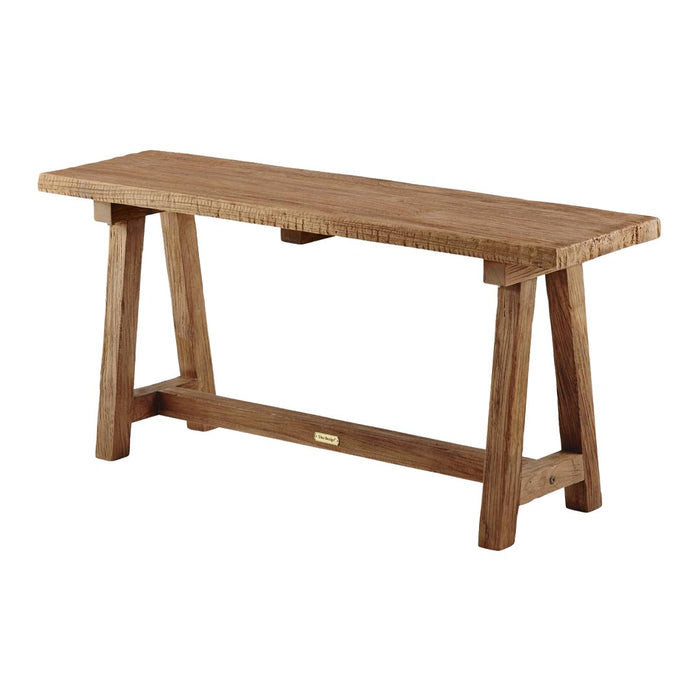 Brown wooden bench with a textured finish and simple, rustic design, showcasing a natural wood grain pattern.