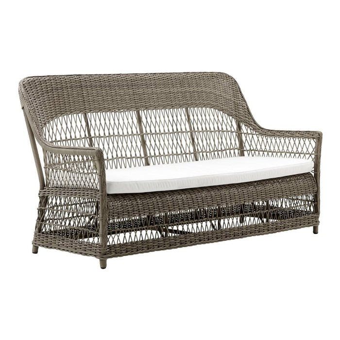 Gray woven outdoor loveseat with a white cushion, featuring a textured pattern and elegant design. Ideal for any patio.