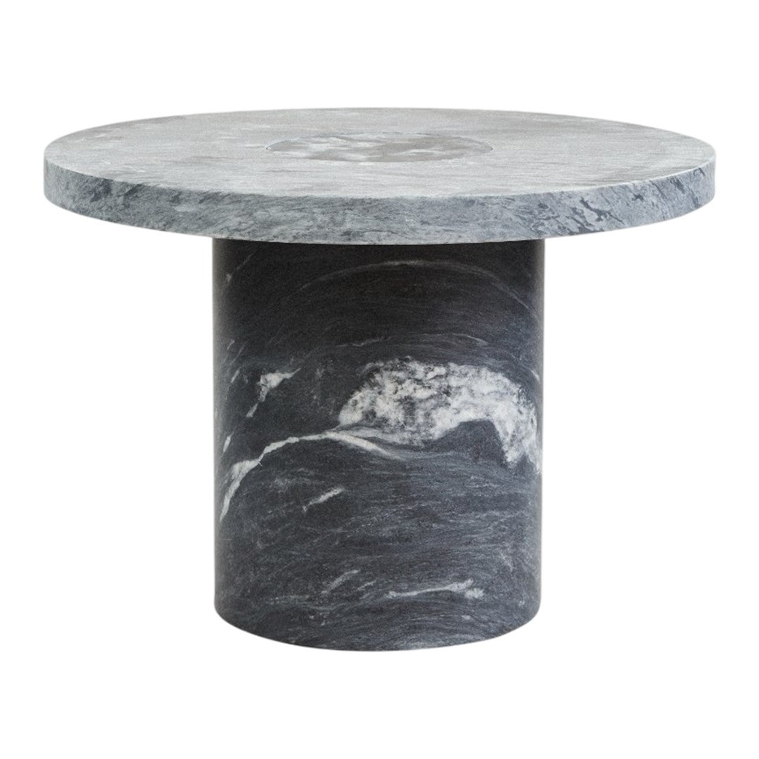 Round marble side table in gray tones with subtle white veining and a polished finish. Elegant and modern design.