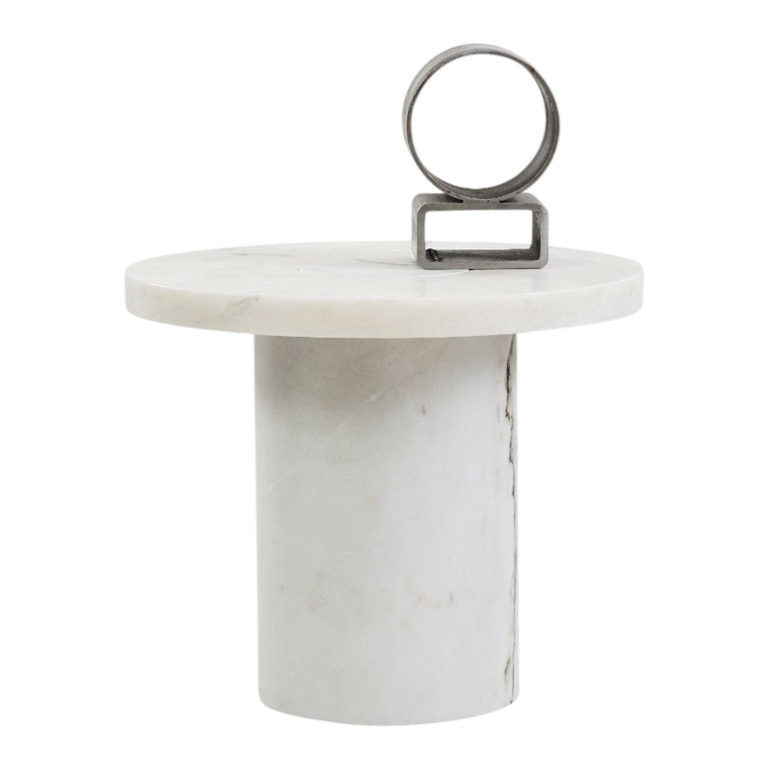 White marble side table with a round top and cylindrical base, featuring a minimalist metal accent.