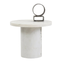 White marble side table with a round top and cylindrical base, featuring a minimalist metal accent.
