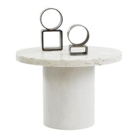 Marble side table with a smooth white finish, featuring geometric metallic accents in silver tones.