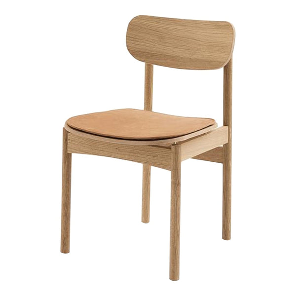 Natural wood chair with a light oak finish and a tan leather seat, featuring a simple, modern design.
