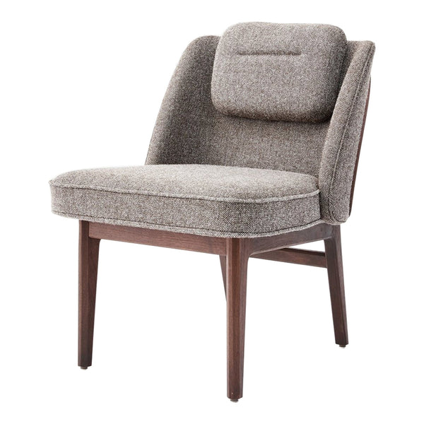 Gray textured fabric armchair with a plush backrest, featuring a sleek wooden frame and minimalistic design.
