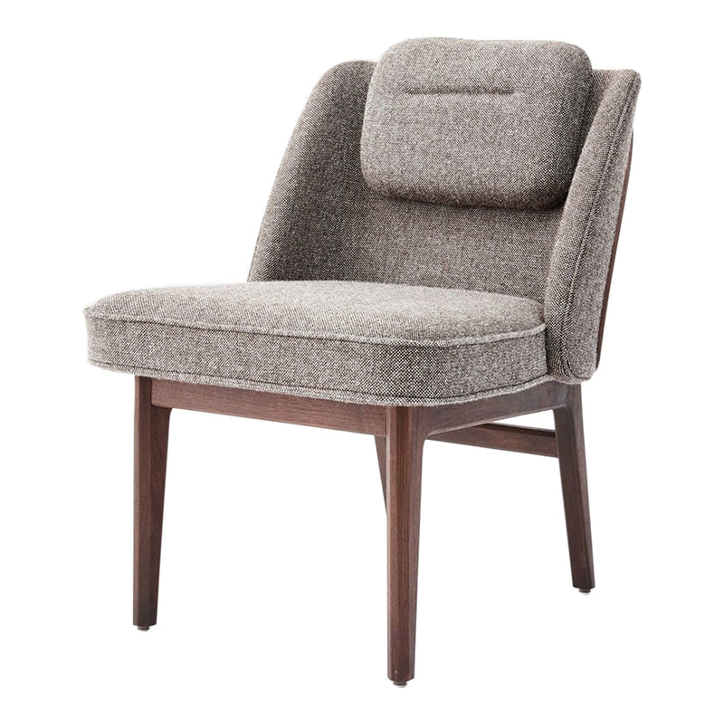 Gray textured fabric armchair with a plush backrest, featuring a sleek wooden frame and minimalistic design.