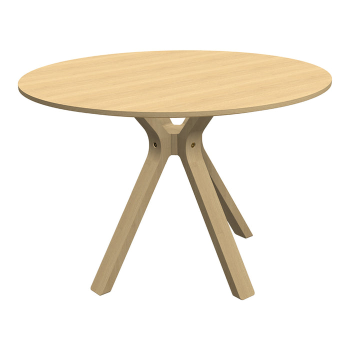 Round wooden table with a natural light oak finish and minimalistic legs, showcasing a smooth, solid surface.